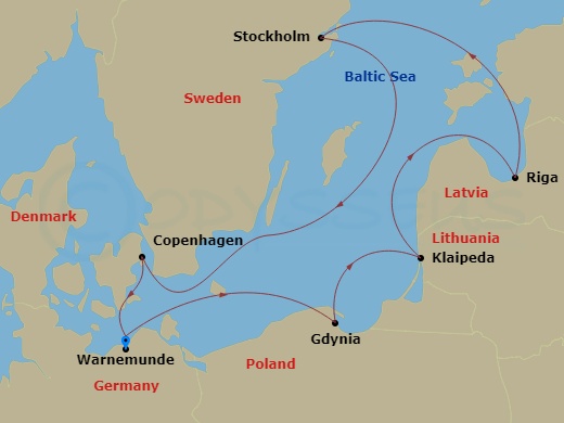 7 Night - Northern Europe - MSC Magnifica - Starting in Warnemunde, Germany, Gdynia (Gdansk), Poland, Klaipeda, Lithuania, Riga, Latvia, Stockholm, Sweden, Copenhagen, Denmark, Warnemunde, Germany itinerary map