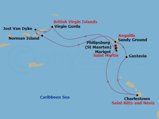 7 Night - Cruise from St Maarten (Philipsburg) to Marigot - SeaDream II - Starting in Philipsburg, Spanish Town, Virgin Gorda, Leverick Bay, Virgin Gorda, White Bay, Jost van Dyke, Norman Island, Sandy Ground, Gustavia, Charlestown, Nevis, Marigot itinerary map
