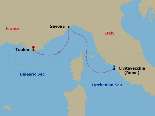 2 Night - Western Mediterranean from Civitavecchia (Rome) - Costa Pacifica - Starting in Civitavecchia (Rome), Savona, La Seyne (St Tropez) itinerary map