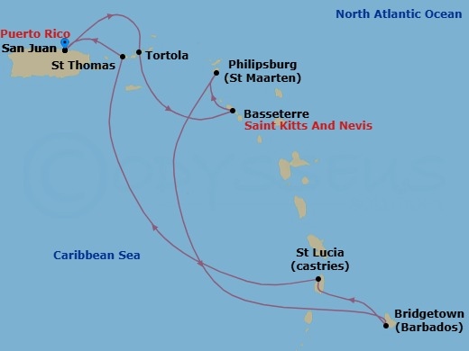 7 Night - Southern Caribbean - San Juan - Norwegian Prima - Starting in San Juan, Pr, Tortola, British Virgin Islands, Basseterre, Saint Kitts / Nevis, Philipsburg, St Maarten, Netherland Antilles, Bridgetown, Barbados, St Lucia, Saint Lucia, St Thomas, Vi, San Juan, Pr itinerary map
