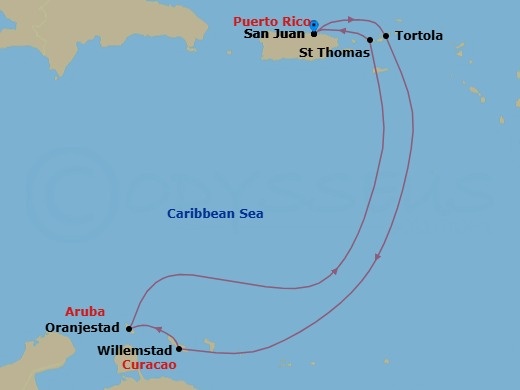7 Night - Southern Caribbean - San Juan - Norwegian Prima - Starting in San Juan, Pr, Tortola, British Virgin Islands, Willemstad AN, Netherlands Antilles, Oranjestad, Aruba, St Thomas, Vi, San Juan, Pr itinerary map