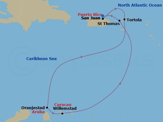 7 Night - Southern Caribbean - San Juan - Norwegian Prima - Starting in San Juan, Pr, Tortola, British Virgin Islands, Oranjestad, Aruba, Willemstad AN, Netherlands Antilles, St Thomas, Vi, San Juan, Pr itinerary map