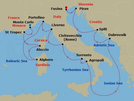 14 Night - Cruise from Monte Carlo to Fusina - Silver Ray - Starting in Monte Carlo, Saint Tropez, Ajaccio, Alghero, Portofino, Livorno, Civitavecchia, Sorrento, Agropoli, Dubrovnik, Croatia, Split, Piran, Fusina itinerary map