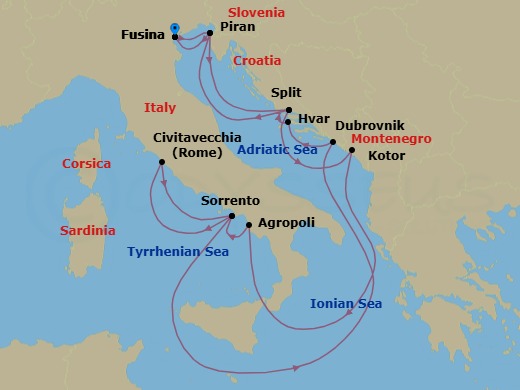 14 Night - Cruise Roundtrip from Fusina - Silver Ray - Starting in Fusina, Piran, Split, Kotor, Agropoli, Sorrento, Civitavecchia, Sorrento, Dubrovnik, Croatia, Hvar, Split, Piran, Fusina itinerary map