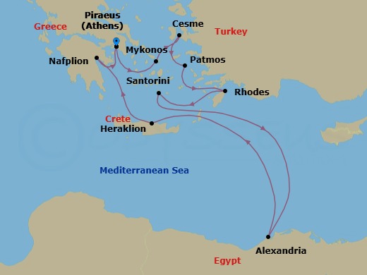 11 Night - Athens to Athens - Silver Nova - Starting in Athens (Piraeus), Mykonos, Cesme, Patmos, Rhodes, Santorini, Alexandria EG, Heraklion, Nafplion, Athens (Piraeus) itinerary map