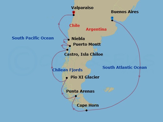13 Night - Chilean Fjords & the Glaciers of the Beagle Channel - Scenic Eclipse II - Starting in Buenos Aires, Argentina, Buenos Aires / Ushuaia, Cape Horn, Chilean Fjords, Punta Arenas, Chile, Cruising Chilean Fjords, Pio XI Glacier (Inner Fjords) / Puerto Eden, Castro, Isla Chiloe, Chile, Puerto Montt, Chile, Niebla, Chile, Valparaiso, Chile itinerary map