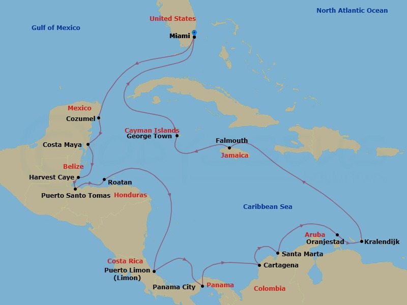 20 Night - Panama Canal & Caribbean - Oceania Marina - Starting in Miami, Cozumel, Mexico, Costa Maya, Mexico, Harvest Caye, Santo Tomas, Roatan, Puerto Limon, Panama Canal Daylight Transit, Panama City, Panama Canal Daylight Transit, Cartagena CO, Santa Marta, Oranjestad, Kralendijk, Falmouth, George Town, Miami itinerary map