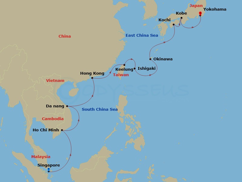15 Night - Southeast Asia & Japan - Diamond Princess - Starting in Singapore, Ho Chi Minh City (Phu My), Vietnam, Da Nang / Hue (Chan May), Vietnam, Hong Kong, Taipei (Keelung), Ishigaki, Japan, Okinawa, Japan, Kochi, Japan, Kobe (for Kyoto), Japan, Tokyo (Yokohama), Japan itinerary map