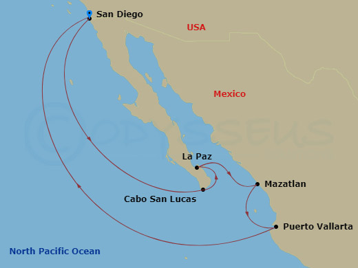 10 Night - Mexican Riviera & Sea of Cortez - Koningsdam - Starting in San Diego, California, Cabo San Lucas, Mexico, Pichilingue (La Paz), Mexico, Mazatlan, Mexico, Puerto Vallarta, Mexico, San Diego, California itinerary map