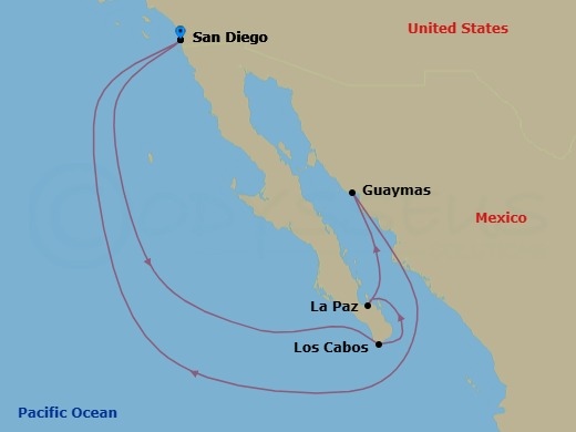 7 Night - Baja Peninsula - Koningsdam - Starting in San Diego, California, Cabo San Lucas, Mexico, Pichilingue (La Paz), Mexico, Guaymas, Mexico, San Diego, California itinerary map