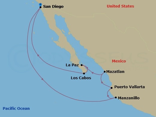 11 Night - Mexican Riviera & Sea of Cortez - Koningsdam - Starting in San Diego, California, Manzanillo, Mexico, Puerto Vallarta, Mexico, Mazatlan, Mexico, Pichilingue (La Paz), Mexico, Cabo San Lucas, Mexico, San Diego, California itinerary map