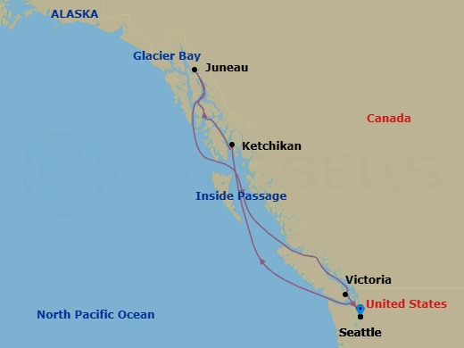 7 Night - Alaska Roundtrip from Seattle - Queen Elizabeth - Starting in Seattle, WA, Ketchikan, AK, Juneau, AK, Endicott Arm, AK, (Scenic Cruising), Victoria CA, Canada, Seattle, WA itinerary map