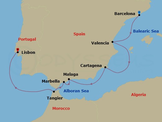 7 Night - Barcelona / Lisbon - Ilma - Starting in Barcelona, Valencia, Cartagena ES, Malaga, Marbella, Tangier, Lisbon itinerary map