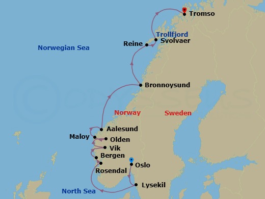 11 Night - Cruise from Oslo to Tromso - SeaDream I - Starting in Oslo, Lysekil, Rosendal, Bergen, Vik, Olden, Maloy, Alesund, Bronnoysund, Reine, Lofoten Islands, Svolvar, Lofoten Islands, Trollfjord Scenic Sailing, Tromso itinerary map