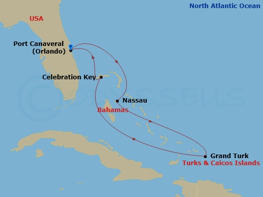6 Night - Eastern Caribbean with Turks and Caicos & Celebration Key - Sky Princess - Starting in Port Canaveral (Orlando), Florida, Nassau, Bahamas, Grand Turk, Turks and Caicos, Celebration Key, Bahamas, Port Canaveral (Orlando), Florida itinerary map