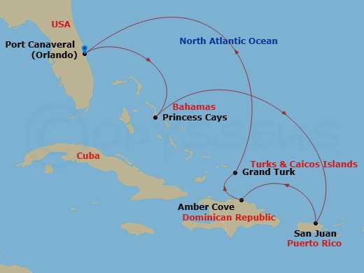 8 Night - Eastern Caribbean with Puerto Rico - Sky Princess - Starting in Port Canaveral (Orlando), Florida, Princess Cays, Bahamas, San Juan, Puerto Rico, Amber Cove, Dominican Republic, Grand Turk, Turks and Caicos, Port Canaveral (Orlando), Florida itinerary map