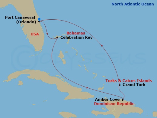 6 Night - Eastern Caribbean with Turks & Caicos Celebration Key - Sky Princess - Starting in Port Canaveral (Orlando), Florida, Celebration Key, Bahamas, Amber Cove, Dominican Republic, Grand Turk, Turks and Caicos, Port Canaveral (Orlando), Florida itinerary map
