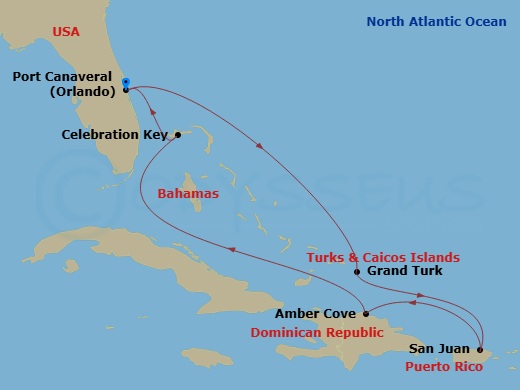 8 Night - Eastern Caribbean with Puerto Rico & Celebration Key - Sky Princess - Starting in Port Canaveral (Orlando), Florida, Grand Turk, Turks and Caicos, San Juan, Puerto Rico, Amber Cove, Dominican Republic, Celebration Key, Bahamas, Port Canaveral (Orlando), Florida itinerary map