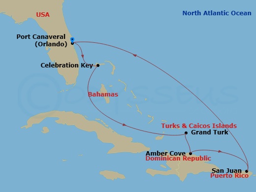 8 Night - Eastern Caribbean with Puerto Rico & Celebration Key - Sky Princess - Starting in Port Canaveral (Orlando), Florida, Celebration Key, Bahamas, Grand Turk, Turks and Caicos, Amber Cove, Dominican Republic, San Juan, Puerto Rico, Port Canaveral (Orlando), Florida itinerary map
