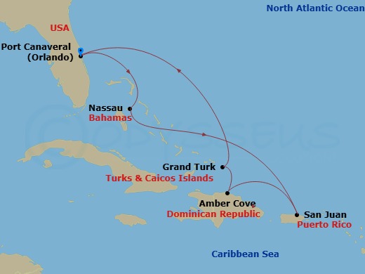 8 Night - Eastern Caribbean with Puerto Rico - Sky Princess - Starting in Port Canaveral (Orlando), Florida, Nassau, Bahamas, San Juan, Puerto Rico, Amber Cove, Dominican Republic, Grand Turk, Turks and Caicos, Port Canaveral (Orlando), Florida itinerary map