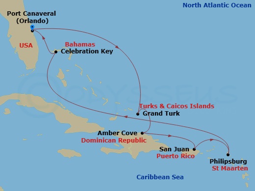 9 Night - Eastern Caribbean with Puerto Rico & Celebration Key - Sky Princess - Starting in Port Canaveral (Orlando), Florida, Grand Turk, Turks and Caicos, Amber Cove, Dominican Republic, San Juan, Puerto Rico, St Maarten, Celebration Key, Bahamas, Port Canaveral (Orlando), Florida itinerary map