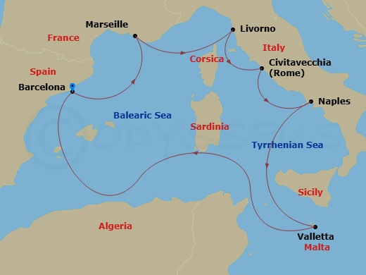 8 Night - Mediterranean - Carnival Freedom - Starting in Barcelona, Spain, Marseilles (Provence), France, Livorno (Florence / Pisa), Italy, Civitavecchia (Rome), Italy, Naples (Amalfi / Pompeii), Italy, Valletta, Malta, Barcelona, Spain itinerary map