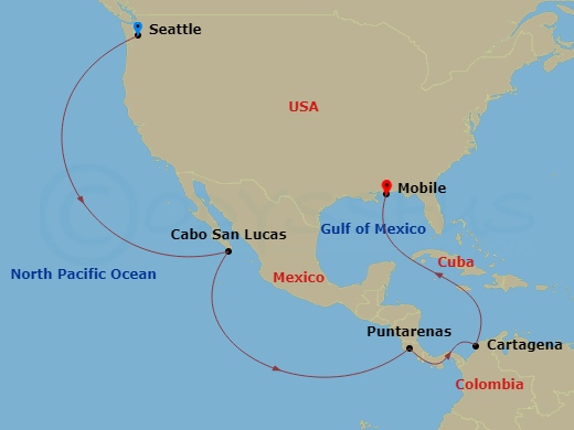 16 Night - Journeys - Panama Canal - Carnival Spirit - Starting in Seattle, Wa, Cabo San Lucas, Mexico, Puntarenas, Costa Rica, Panama Canal Transit, Cartagena CO, Mobile, Al itinerary map