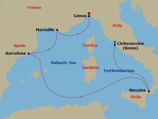 5 Night - Mediterranean - MSC World Europa - Starting in Civitavecchia (Rome), Italy, Messina (Taormina), Italy, Barcelona, Spain, Marseille (Provence), France, Genoa (Portofino), Italy itinerary map