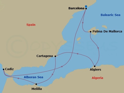 7 Night - A Journey Through Mediterranean Crossroads and Andalusian Shores - EXPLORA II - Starting in Barcelona, Palma De Mallorca, Algiers, Cartagena ES, Melilla, Cadiz, Barcelona itinerary map