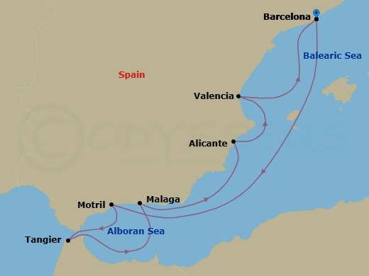 7 Night - A Journey Through Andalusian Light and Moroccan Soul - EXPLORA II - Starting in Barcelona, Malaga, Spain, Tangier, Motril, Alicante, Valencia, Barcelona itinerary map