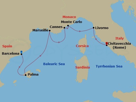 7 Night - A Journey of Riviera Glamour and Renaissance Beauty - EXPLORA II - Starting in Barcelona, Palma De Mallorca, Marseille, Cannes, Monte Carlo, Livorno (Florence), Civitavecchia (Rome) itinerary map