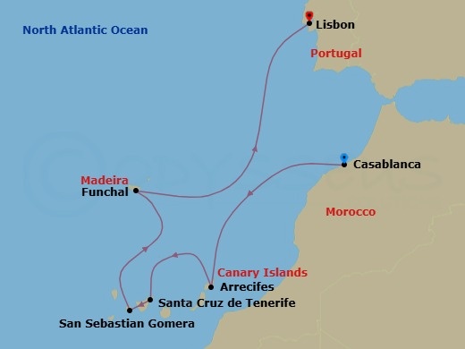 8 Night - A Journey Through Volcanic Isles and Atlantic Gardens - EXPLORA II - Starting in Casablanca, Arrecife (Lanzarote), Santa Cruz de Tenerife, San Sebastian De La Gomera, Funchal (Madeira), Lisbon itinerary map