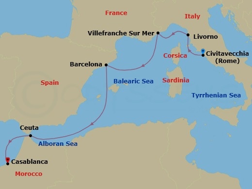 8 Night - A Journey Across Mediterranean Icons and Moroccan Shores - EXPLORA II - Starting in Civitavecchia (Rome), Livorno (Florence), Villefranche-Sur-Mer (Nice), Barcelona, Ceuta, Casablanca itinerary map