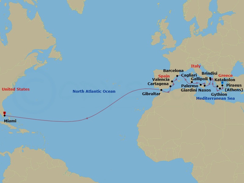 24 Night - Cruise from Athens to Miami - Silver Ray - Starting in Athens, Gythion, Katakolon, Brindisi, Gallipoli, Giardini Naxos, Palermo, Cagliari, Barcelona, Valencia, Cartagena ES, Gibraltar, Miami itinerary map
