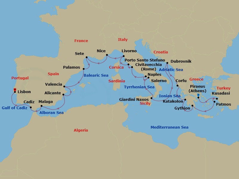 24 Night - Southern Europe from Athens to Lisbon - Silver Shadow - Starting in Athens, Kusadasi, Patmos, Gythion, Katakolon, Corfu, Dubrovnik, Croatia, Giardini Naxos, Salerno, Naples, Civitavecchia, Porto Santo Stefano, Livorno, Nice, Sete, Palamos, Valencia, Alicante, Malaga, Cadiz, Lisbon itinerary map