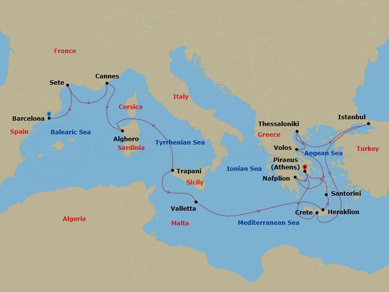 19 Night - Mediterranean from Barcelona to Athens - Silver Ray - Starting in Barcelona, Sete, Cannes, Alghero, Trapani, Valletta, Heraklion, Santorini, Athens, Nafplion, Volos, Thessaloniki, Istanbul, Souda Bay, Athens itinerary map