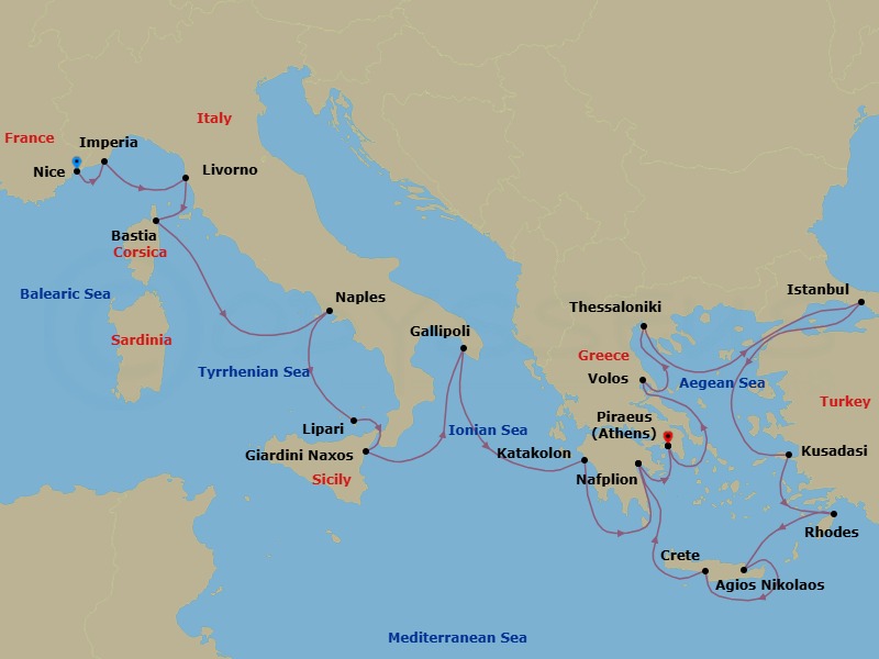 24 Night - Cruise from Nice to Athens - Silver Shadow - Starting in Nice, Imperia, Livorno, Bastia, Naples, Lipari Island, Giardini Naxos, Gallipoli, Katakolon, Nafplion, Athens, Volos, Thessaloniki, Istanbul, Kusadasi, Rhodes, Aghios Nikolaos, Souda Bay, Nafplion, Athens itinerary map