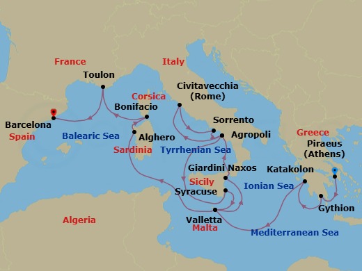 16 Night - Europe from Athens to Barcelona - Silver Ray - Starting in Athens, Gythion, Katakolon, Valletta, Giardini Naxos, Agropoli, Civitavecchia, Sorrento, Agropoli, Siracusa, Valletta, Alghero, Bonifacio, Toulon, Barcelona itinerary map
