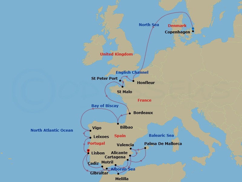 27 Night - Northern Europe from Copenhagen to Lisbon - Silver Nova - Starting in Copenhagen, Honfleur, St Peter Port, Saint Malo, Bordeaux, Bilbao, Vigo, Oporto, Lisbon, Cadiz, Motril, Cartagena ES, Palma De Mallorca, Valencia, Alicante, Melilla, Gibraltar, Lisbon itinerary map