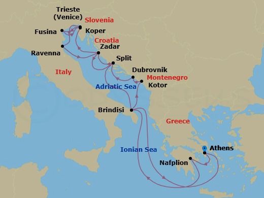 16 Night - Southern Europe Roundtrip from Athens - Silver Ray - Starting in Athens, Nafplion, Brindisi, Kotor, Dubrovnik, Croatia, Split, Zadar, Koper, Fusina, Trieste, Ravenna, Zadar, Split, Brindisi, Athens itinerary map