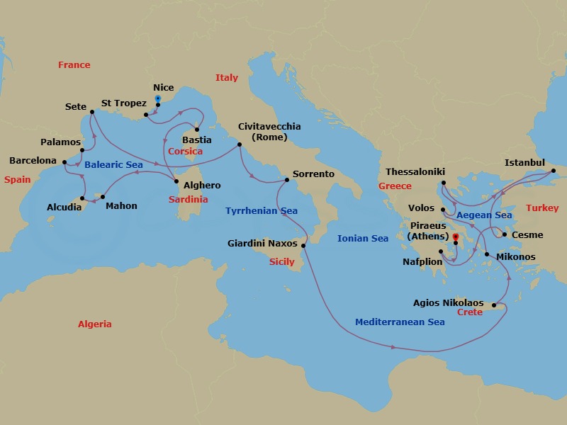 24 Night - Cruise from Nice to Athens - Silver Shadow - Starting in Nice, Saint Tropez, Bastia, Alghero, Porto Mahon, Alcudia, Barcelona, Palamos, Sete, Civitavecchia, Sorrento, Giardini Naxos, Aghios Nikolaos, Mykonos, Volos, Thessaloniki, Istanbul, Cesme, Nafplion, Athens itinerary map
