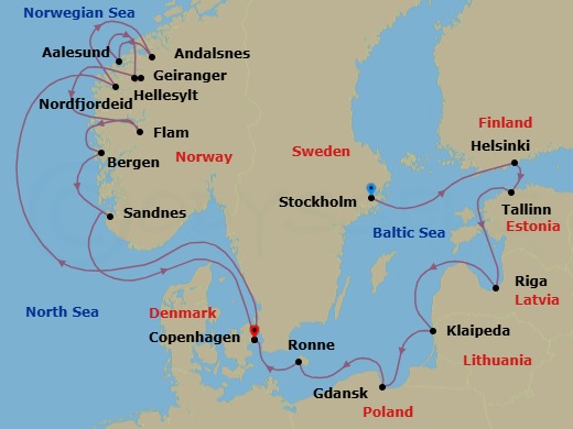 17 Night - Northern Europe from Stockholm to Copenhagen - Silver Nova - Starting in Stockholm, Helsinki, Tallinn, Riga, Klaipeda, Gdansk, Ronne, Copenhagen, Nordfjordeid, Andalsnes, Alesund, Hellesylt, Norway, Geiranger, Norway, Flam, Norway, Bergen, Sandnes, Copenhagen itinerary map
