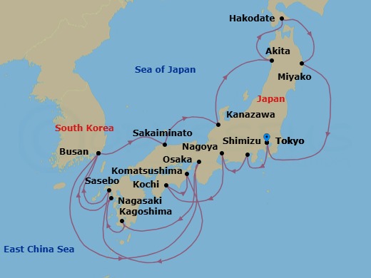 22 Night - Japan Roundtrip from Tokyo - Silver Whisper - Starting in Tokyo, Shimizu, Nagoya, Kochi, Komatsushima, Sasebo, Busan, Osaka, Kagoshima, Nagasaki, Busan, Sakaiminato, Kanazawa, Akita, Hakodate, Miyako, Tokyo itinerary map