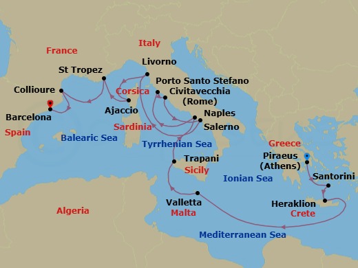 16 Night - Europe from Athens to Barcelona - Silver Ray - Starting in Athens, Santorini, Heraklion, Valletta, Trapani, Naples, Porto Santo Stefano, Civitavecchia, Salerno, Livorno, Ajaccio, Saint Tropez, Collioure, Barcelona itinerary map