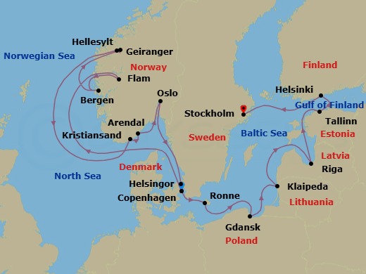 17 Night - Northern Europe from Copenhagen to Stockholm - Silver Nova - Starting in Copenhagen, Flam, Norway, Bergen, Geiranger, Norway, Hellesylt, Norway, Kristiansand, Arendal, Oslo, Helsingor, Copenhagen, Ronne, Gdansk, Klaipeda, Riga, Tallinn, Helsinki, Stockholm itinerary map