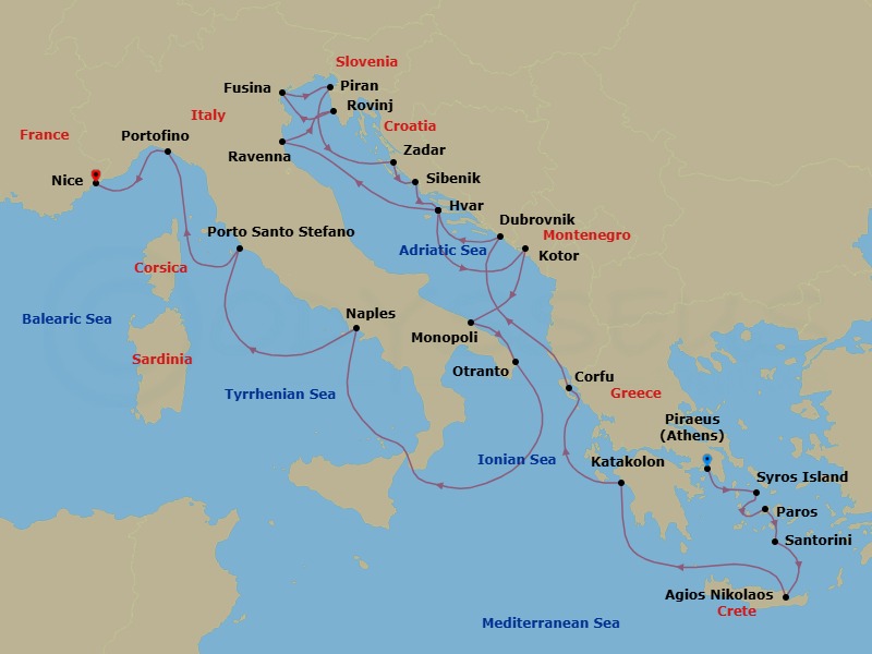 24 Night - Mediterranean from Athens to Nice - Silver Shadow - Starting in Athens, Syros, Paros, Santorini, Aghios Nikolaos, Katakolon, Corfu, Dubrovnik, Croatia, Hvar, Ravenna, Rovinj, Fusina, Piran, Zadar, Sibenik, Hvar, Kotor, Monopoli, Otranto, Naples, Porto Santo Stefano, Portofino, Nice itinerary map