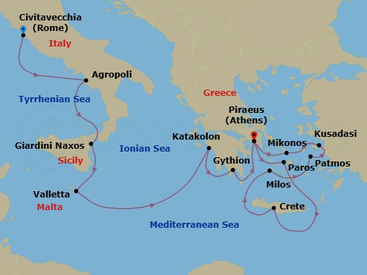 14 Night - Cruise from Rome (Civitavecchia) to Athens - Silver Ray - Starting in Civitavecchia, Agropoli, Giardini Naxos, Valletta, Katakolon, Gythion, Athens, Paros, Souda Bay, Milos, Patmos, Kusadasi, Mykonos, Athens itinerary map