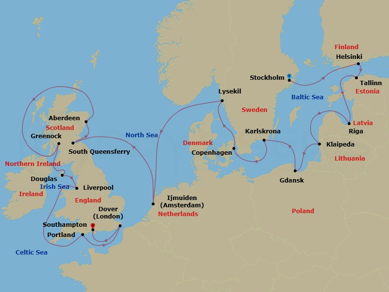 22 Night - Northern Europe from Stockholm to Southampton - Silver Spirit - Starting in Stockholm, Helsinki, Tallinn, Riga, Klaipeda, Gdansk, Karlskrona, Copenhagen, Lysekil, Ijmuiden, South Queensferry (Edinburgh), Aberdeen, Greenock, Isle of Man, Liverpool, Portland UK, Dover UK, Southampton itinerary map