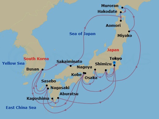 26 Night - Japan Roundtrip from Tokyo - Silver Whisper - Starting in Tokyo, Shimizu, Nagoya, Kobe, Nagasaki, Busan, Kagoshima, Aburatsu, Tokyo, Osaka, Sasebo, Busan, Sakaiminato, Aomori, Hakodate, Muroran, Miyako, Shimizu, Tokyo itinerary map