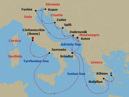 16 Night - Europe from Athens to Rome (Civitavecchia) - Silver Ray - Starting in Athens, Nafplion, Brindisi, Kotor, Dubrovnik, Croatia, Split, Zadar, Koper, Fusina, Dubrovnik, Croatia, Kotor, Brindisi, Sorrento, Civitavecchia itinerary map